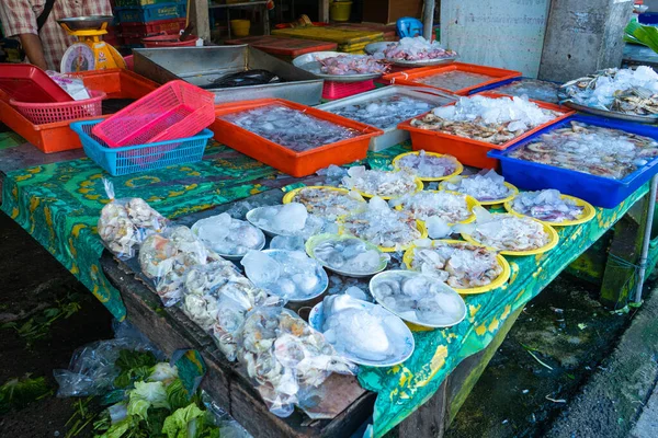 海边鱼类市场柜台上的新鲜海鲜 — 图库照片