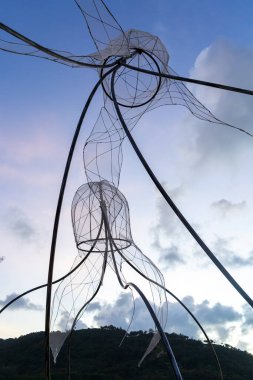 Günbatımı gökyüzünün arka planında denizanası figürleri..