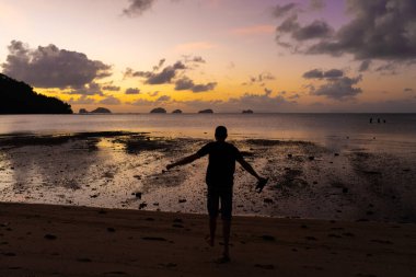Gün batımında sahilde bir adamın silueti. İnsanoğlu gün batımına sevinir.