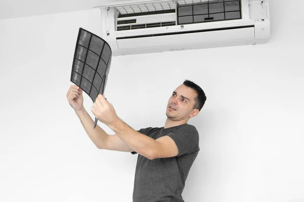 Guy Cleans Filter Home Air Conditioner Dust Guy Snayed Very — Stock Photo, Image