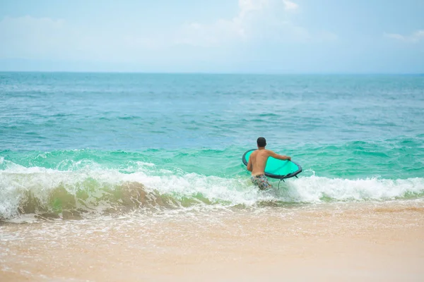 Guy Swimming Surf Board Ocean Healthy Active Lifestyle Summer Vocation — Stock Photo, Image