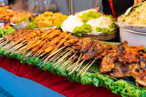 Street Food Market Asia Food Counters Mini Barbecue Stick Also — Stock Photo, Image