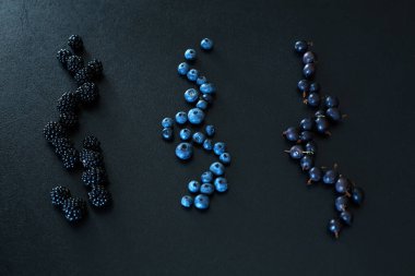 Siyah bir masada farklı türde böğürtlenlerin karışımı. Şık mevsimlik vitaminler.