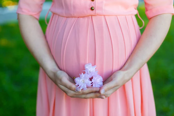 Una Chica Con Vestido Rosa Sostiene Una Flor Sakura Sus — Foto de Stock