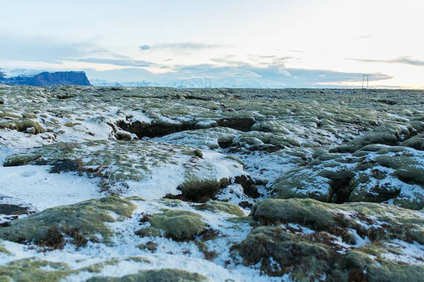 アイスランドの冬の風景 苔で覆われた固化した溶岩のフィールドは雪で覆われている — ストック写真