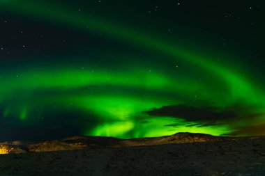 İzlanda 'nın gece gökyüzünde kuzey ışıkları. Yumuşak odaklanma. Sihirli yeşil parıltı