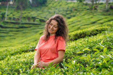 Güzel esmer kız çay vadisinin ortasında yeşil çay çalılarının arasında poz veriyor.