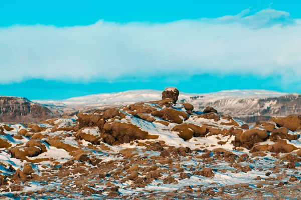 Paesaggio Invernale Islanda Campo Lava Solidificata Ricoperto Muschio Ricoperto Neve — Foto Stock