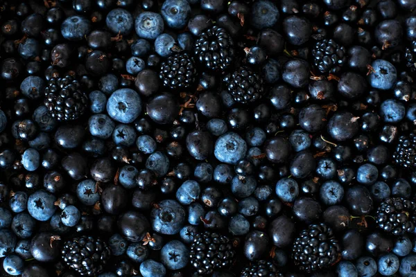 Mix Set Layout Different Types Black Berries Black Table Stylish — Stock Photo, Image