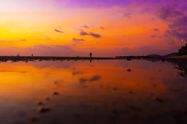 Tropikal Bir Plajda Gün Batımında Yanan Parlak Gökyüzü Göç Sırasında — Stok fotoğraf