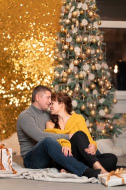 Güzel, neşeli bir çift Noel tatilini sıcak bir evde karşılıyor..