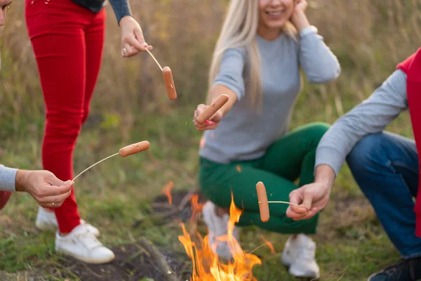travel, tourism, hike, picnic and people concept - group of happy friends frying sausages on campfire.