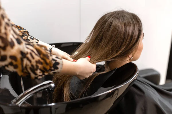 Haircut master washes hair of her client\'s had.