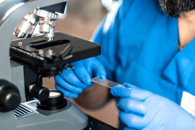 Erkek laboratuvar asistanı mikroskopta biyomateryal örnekleri inceliyor. Ellerinizi mavi lastik eldivenlerle birleştirin. Mikroskobu ayarlayın..