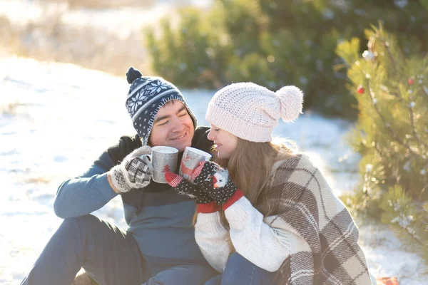 Junge Verliebte Paare Trinken Ein Heißgetränk Mit Marshmallows Sitzen Winter — Stockfoto