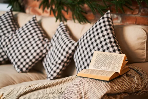 Sofá Aconchegante Favorito Com Almofadas Quadriculadas Para Ler Livros Quarto — Fotografia de Stock