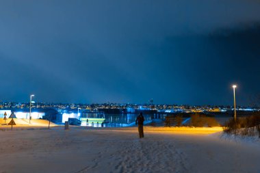 Reykjavik şehir plajının gece fotoğrafı. Rıhtım ışıkları.