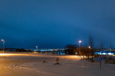 Reykjavik şehir plajının gece fotoğrafı. Rıhtım ışıkları.