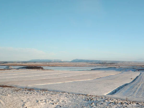 Campos Planícies Incríveis Islândia Inverno Chão Está Coberto Neve Grandes — Fotografia de Stock