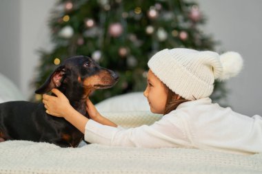 Mutlu çocukluk, Noel sihirli peri masalı. Küçük bir kız arkadaşıyla gülüyor, bir daksund köpeği, Noel ağacının yanında..