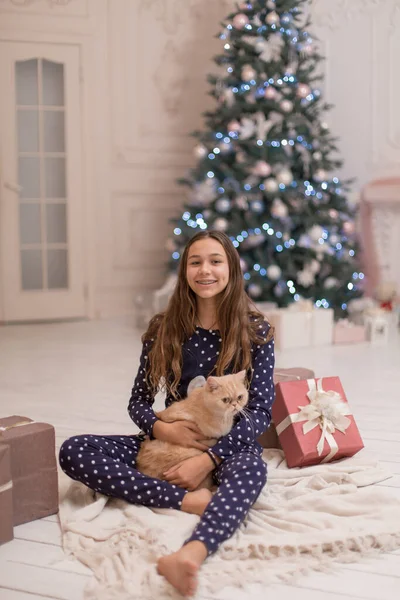 Девушка Проводит Рождественские Каникулы Своей Кошкой — стоковое фото