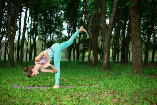 Cienka Brunetka Uprawia Sport Wykonuje Piękne Wyrafinowane Pozy Jogi Letnim — Zdjęcie stockowe