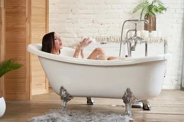 Close Portrait Woman Relaxing Bubble Bath — Stock Photo, Image