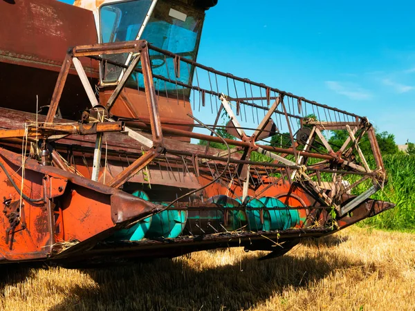 Tarweoogst Zomer Rode Oogster Werkt Het Veld Gouden Rijpe Tarwe — Stockfoto