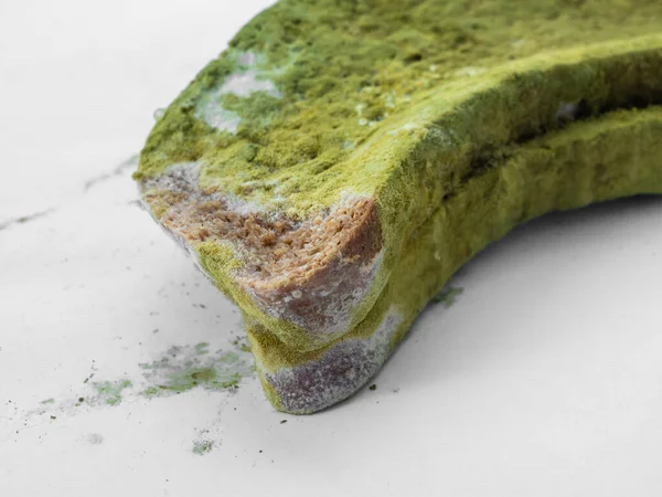 Ένα Κομμάτι Ψωμί Καλυμμένο Πράσινη Μούχλα Λευκό Φόντο Απομονωμένο — Φωτογραφία Αρχείου