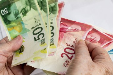İsrail Yeni Şekeli 50 banknotlar birkaç elinde tutan yaşlı beyaz kadın el. İzole beyaz arka plan kopya spac ile