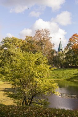 Sonbahar peyzaj Puşkin Town (eski Tsarskoye selo) Alexander Park ve Fedorovsky Harabeleri şehrin. Saint-Petersburg, Rusya Federasyonu