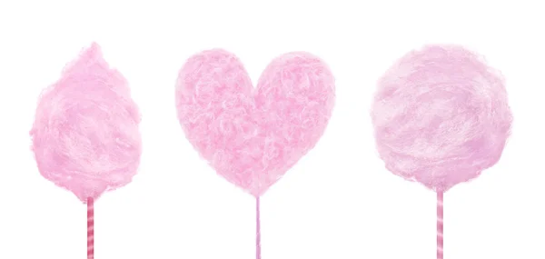 Set Von Rosa Leckeren Süßen Zuckerwatte Isoliert Auf Weißem Hintergrund — Stockfoto