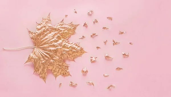 Autumn Rose Gold Maple Leaf Elements Crumbs Pastel Pink Paper — Stock Photo, Image