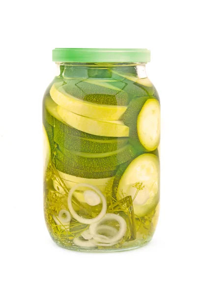 Homemade Pickled Zucchini Two Kinds Glass Jar — Stock Photo, Image
