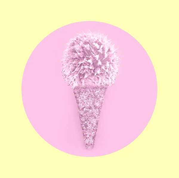 Kreative Eistüte Aus Konfetti Mit Blumenzwiebeln Rosa Kreis Auf Pastellgelbem — Stockfoto