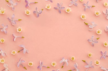 Pastel pembe kağıt arka plan üzerinde vadi ve leylak çiçekler zambak ile Yaratıcı bahar kompozisyon. Çiçeklenme kavramı.