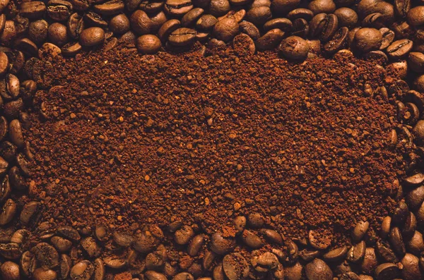 Coffee Beans Ground Powder Background Template Top View Copy Space — Stock Photo, Image