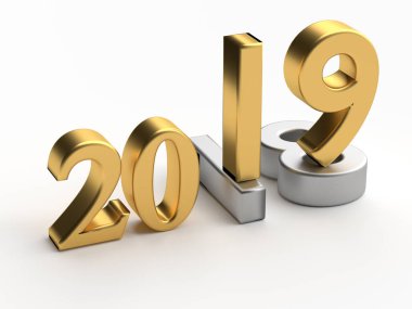 Yeni yıl 2019 altın sayılar üzerinde gri eski 2018. 3D render