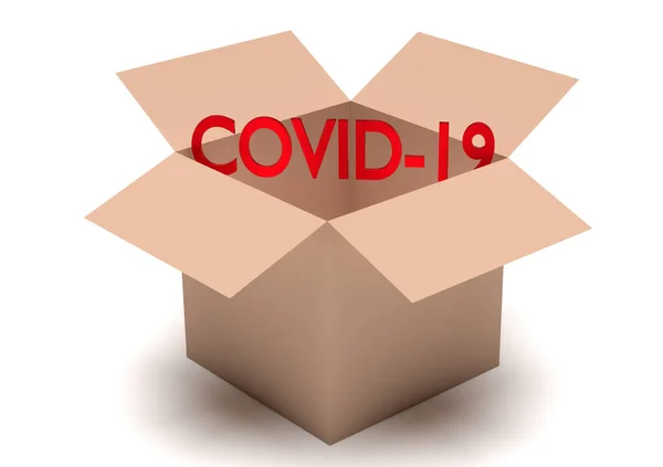 Coronavirus Woord Covid Geschenkdoos Geïsoleerd Wit Renderen — Stockfoto