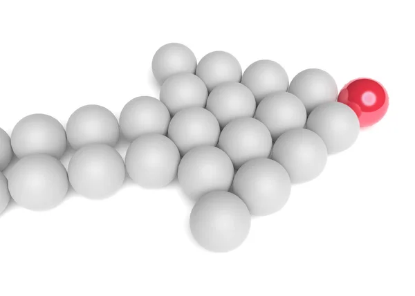 リーダーのビジネスコンセプトはチームを前進させます ボールで作られた矢印 前方に赤いボールです 3Dレンダリング — ストック写真