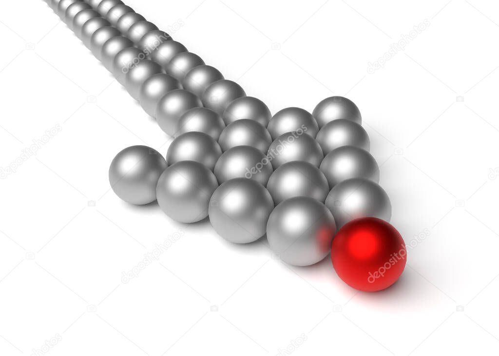 Business concepts of leader leads the team forward. Arrow made of balls. Ahead is a red ball. 3d rendering