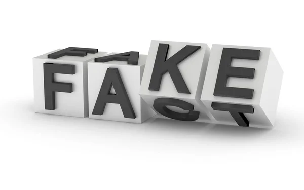 带有字母的立方体翻转 单词从Fact变为Fake 3D渲染 — 图库照片