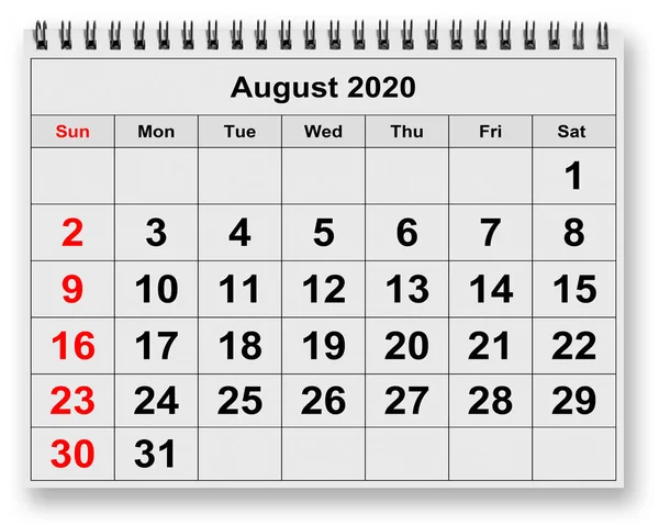 月度日历的一页 2020年8月 — 图库照片