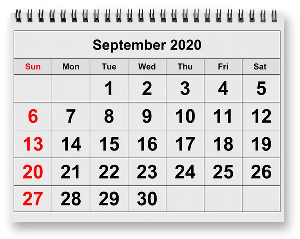 Одна Сторінка Щорічного Місячного Календаря Місяць Вересень 2020 Року — стокове фото