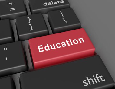 Eğitim konsepti. Klavye tuşuna basılı kelime eğitimi. 3d oluşturma