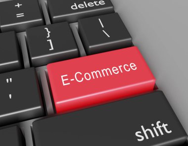 E-ticaret konsepti. Bilgisayar klavyesinde E-ticaret düğmesi var. 3d oluşturma