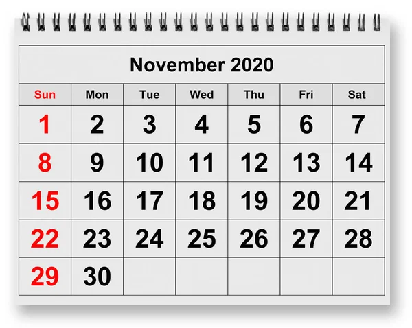 Una Página Del Calendario Mensual Anual Mes Noviembre 2020 — Foto de Stock