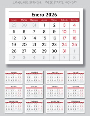 2026 İspanyol takvimi. Yılın her ayı için sayfa vektör illüstrasyonlarının toplanması. İspanya için
