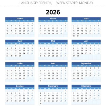 2026 Fransız takvimi. Fransa için vektör yılı illüstrasyonu - Francais takvimi