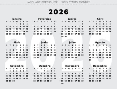 Portekiz yıllık takvimi 2026. Portekiz için siyah renkli modern vektör illüstrasyonu- calendario